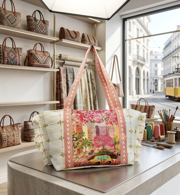 Vintage City Art Canvas Tote Bag – Pink Strap