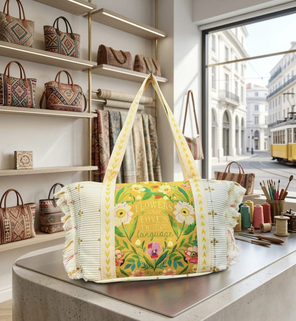 Boho Floral Handwoven Canvas Tote Bag – Yellow Strap