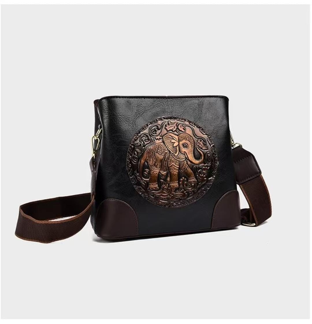 Vintage Elephant Embossed Leather Crossbody Bag – Handmade Boho Shoulder Handbag