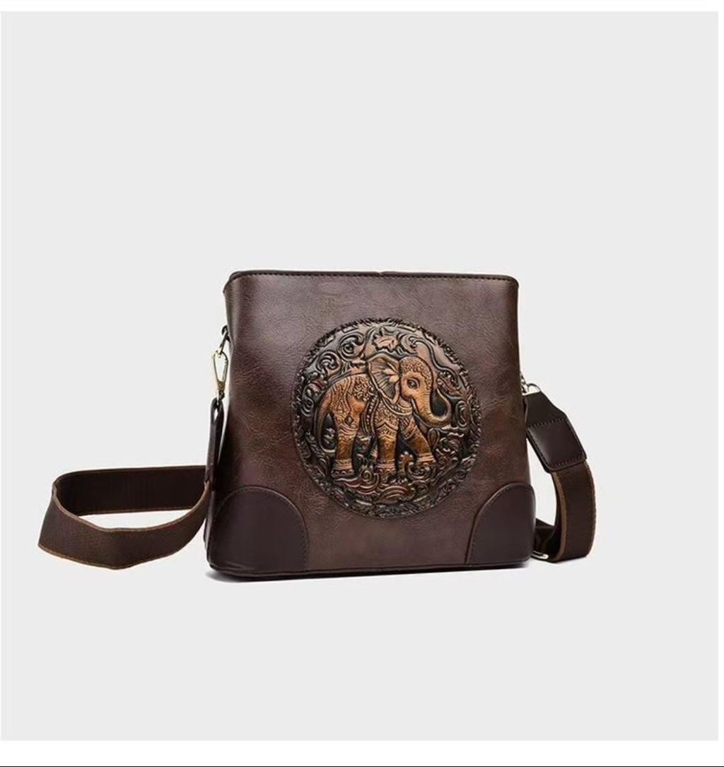 Vintage Elephant Embossed Leather Crossbody Bag – Handmade Boho Shoulder Handbag