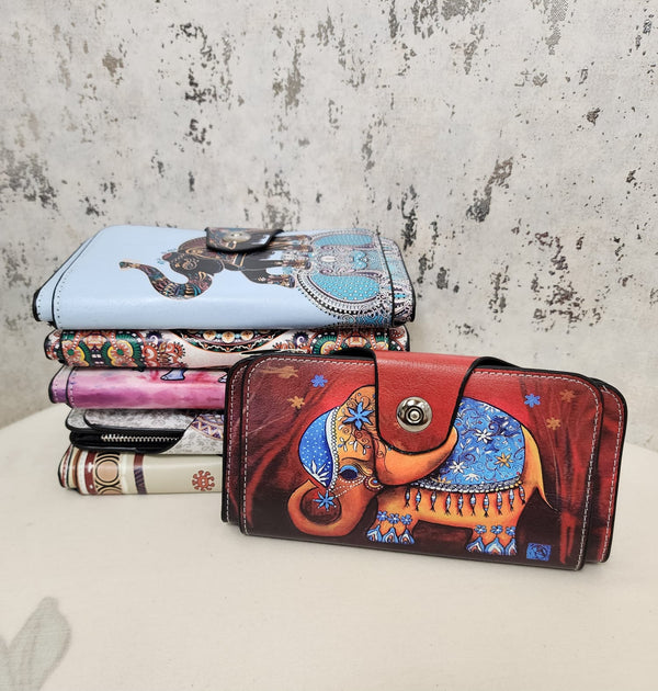Vintage Elephant Art Women's Wallet – Bohemian PU Leather Long Organizer Purse
