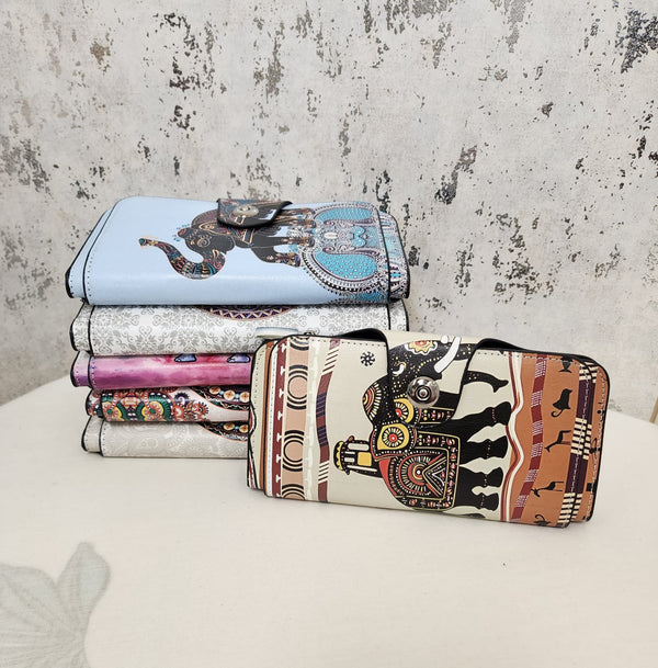 Tribal Elephant Print Women's Wallet – Bohemian PU Leather Long Organizer Purse