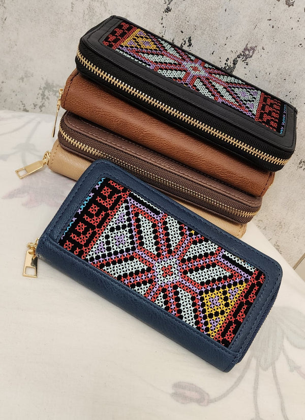 Bohemian Embroidered Blue Embroidered Wallet – Women's Ethnic PU Leather Long Organizer