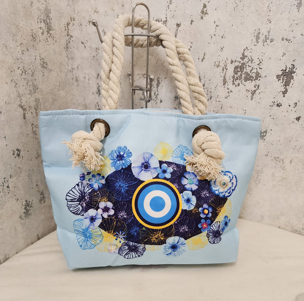 Floral Evil Eye Rope Handle Tote Bag – Boho Canvas Beach Bag for Women