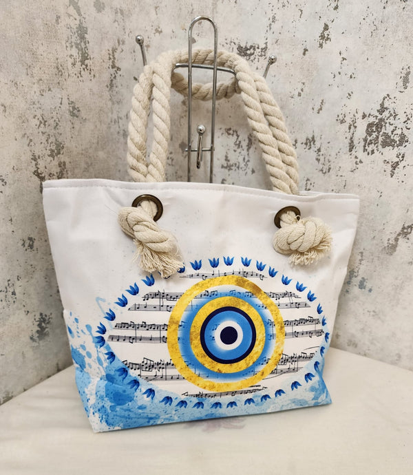 Colorful Evil Eye Canvas Tote Bag – Vibrant Boho Shoulder Bag for Women