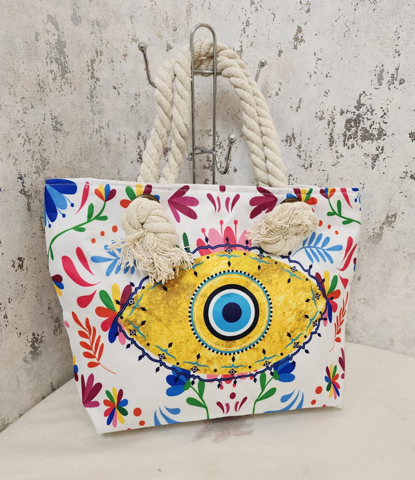 Artistic Evil Eye Canvas Tote Bag – Music Print Boho Shoulder Bag