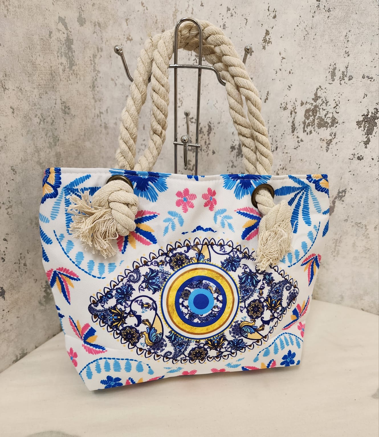 Pastel Blue Evil Eye Tote Bag – Floral Boho Canvas Shoulder Bag