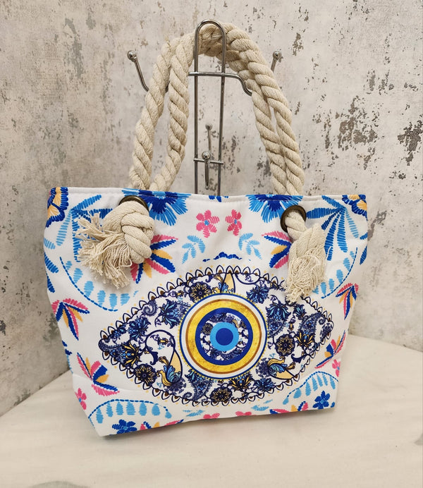 Pastel Blue Evil Eye Tote Bag – Floral Boho Canvas Shoulder Bag