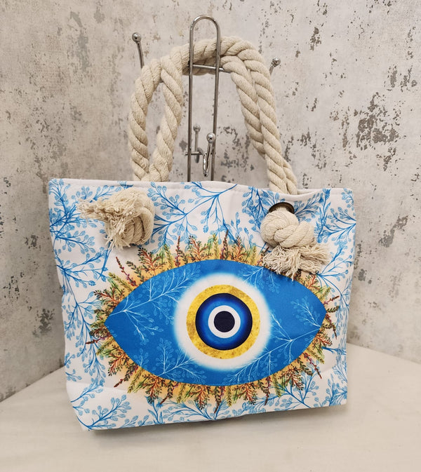Botanical Evil Eye Canvas Tote Bag – Nature Print Beach Shoulder Bag
