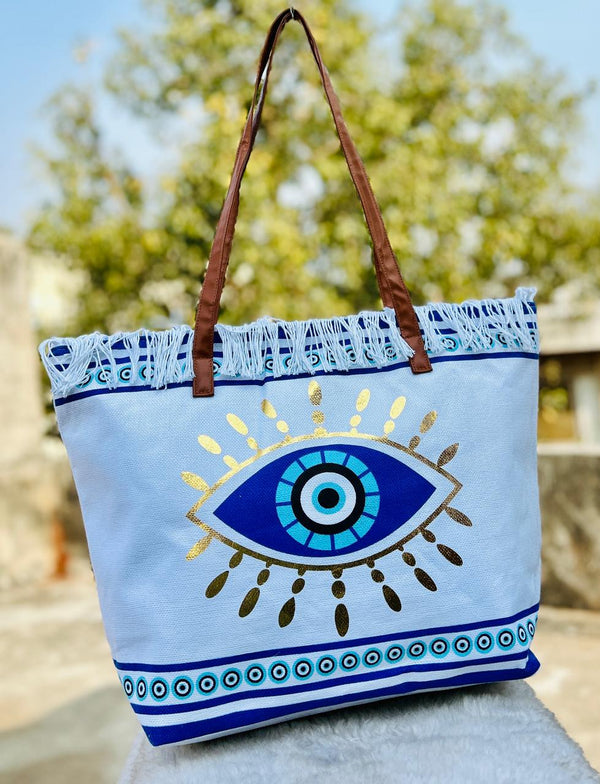 Minimal Evil Eye Canvas Tote Bag – Large Boho Beach Shoulder Bag for Women