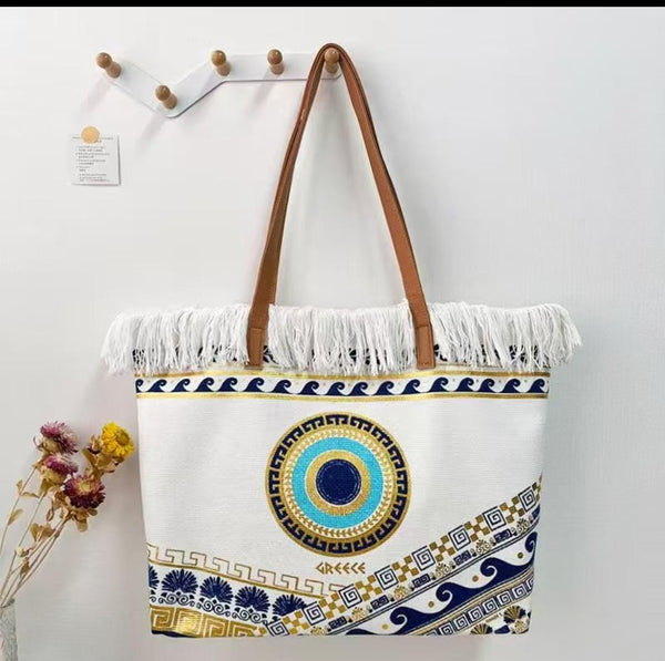 Evil Eye Circle Canvas Tote Bag – Greek Style Large Boho Beach Shoulder Bag