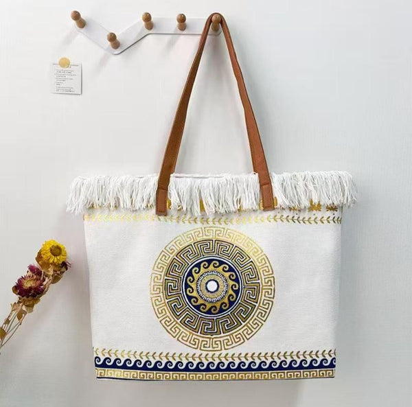 Greek Mandala Circle Canvas Tote Bag – Large Boho Beach Shoulder Bag for Women