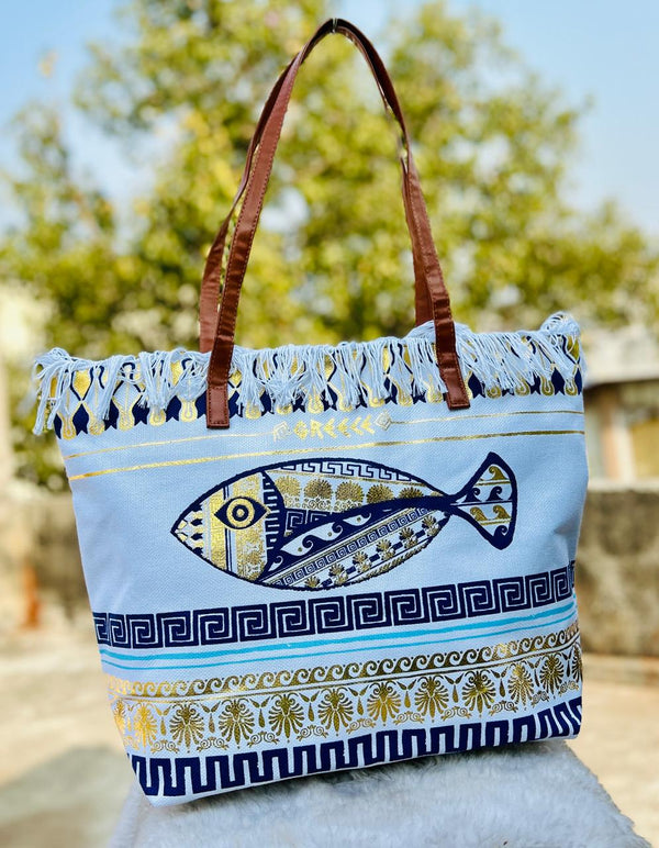 Greek Fish Print Canvas Tote Bag – Large Boho Beach Shoulder Bag for Women