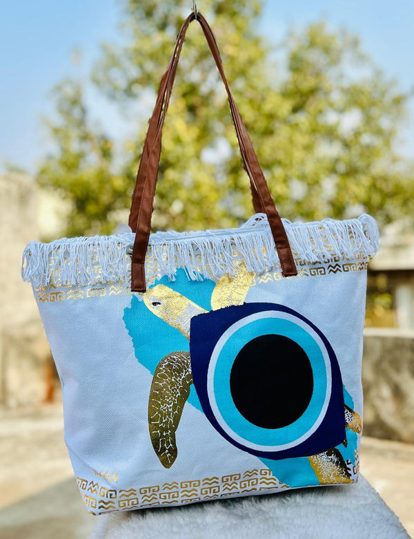Evil Eye Turtle Canvas Tote Bag – Large Beach & Travel Shoulder Bag for Women