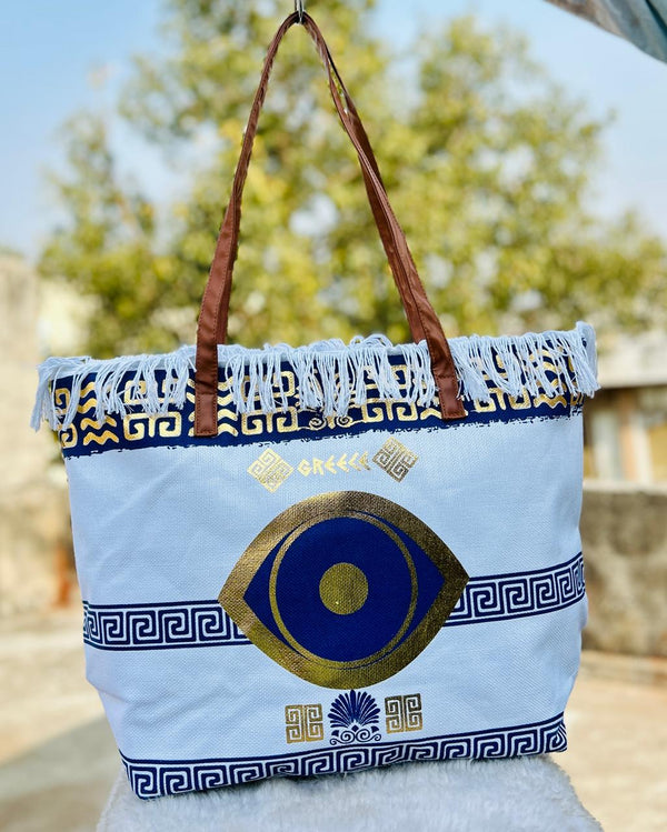 Evil Eye Canvas Tote Bag – Greek Pattern Large Shoulder Bag for Women